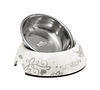 Dehner Comedero para Gatos Premium Lovely Lovely de 14 cm de diámetro, Altura 4,7 cm, 160 ml, Apto para lavavajillas, melamina/Acero Inoxidable/Goma, Color Blanco