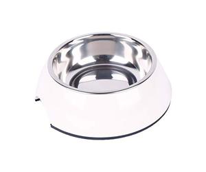 Dehner Cuenco para Perro y Gato, diámetro 17,5 cm, Altura 5 cm, 350 ml, melamina/Acero Inoxidable/Goma, Color Blanco