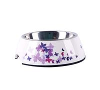 Dehner Cuenco para Perros y Gatos, diámetro de 17,5 cm, Altura de 5 cm, 350 ml, melamina/Acero Inoxidable/Goma, Blanco/Morado