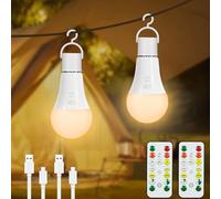Dehobo Bombilla Recargable con Mando E27 3 Color Bombillas Sin Cables 2uds | Bombillas Recargables Ajustables Control Remoto, Bombillas LED con Gancho, Luz LED Recargable Emergencia Interior Exterior