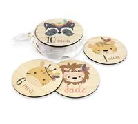 DEHOME - Cartes Étapes Bébé en Bois avec Nom Personnalisé - Disques Mois par Mois 4 mm - Gravure Directe - Cadeau Naissance - Fait Main en Espagne(Animales, Francés)