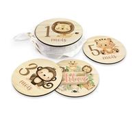 DEHOME - Cartes Étapes Bébé en Bois avec Nom Personnalisé - Disques Mois par Mois 4 mm - Gravure Directe - Cadeau Naissance - Fait Main en Espagne (Safari, Francés)