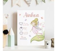 Dehome: Cuadro natalicio Hada Personalizado - Decoracón infantil - Natalicio Bebé Madera - Regalo personalizado Recién Nacido