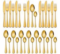 Dehov Juego de Cubiertos Dorados 32 Piezas Acero Inoxidable Para 8 Personas | Incluye Cucharas, Tenedores y Cuchillos de Mesa, Utensilios de Cocina de Acero Inoxidable Para el Hogar, Apto Lavavajillas