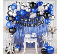 Deiiom Decoraciones de cumpleaños azul real y negro para niño, globos azules, negros y plateados con cortina de flecos, globos de aluminio de estrella para hombres, suministros de fiesta de cumpleaños
