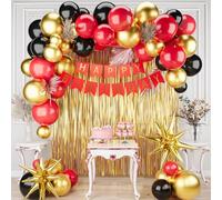 Deiiom Decoraciones de cumpleaños rojo y negro para niña y niño, globos rojos y negros dorados con cortina de flecos, globos de aluminio de estrella para suministros de fiesta de cumpleaños.