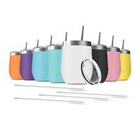 Deitybless Paquete de 8 vasos de vino de acero inoxidable de 12 onzas con tapas, taza de viaje aislada al vacío de doble pared, incluye 8 pajitas para café, cóctel, bebida, té y cerveza (colores