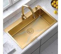 DEJIKOKU Fregadero de Cocina Dorado Nano Gold, Fregadero Individual Grande con Grifo extraíble, estación de Trabajo y Accesorios (Color: Dorado, tamaño: 75 x 45 x 21 cm)