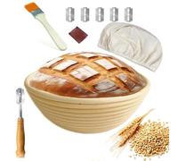 DeJivsin Banetones para Pan Redonda 23 cm, Cesta de Fermentación para Pan, con Cepillo, Cuchillo de Panadero, Paño de Lino, Cesta de Fermentación