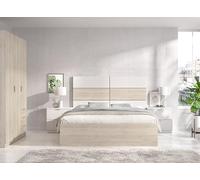 DEKIT GRUPO RIMOBEL ASTRA PACK - Conjunto de cabezal con dos mesitas de dos cajones, aro de cama de 135/140X190 y armario de tres puertas y tres cajones - BLANCO / NATURAL