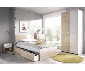 DEKIT GRUPO RIMOBEL DINA PACK - Conjunto de cama de 90X190 con dos cajones, mesita de noche, cómoda de tres cajones y armario - NATURAL / BLANCO
