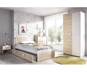 DEKIT GRUPO RIMOBEL Habitación Juvenil Completa, Melamina, Blanco y Roble Natural