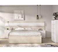 DEKIT GRUPO RIMOBEL NIZA PACK - Conjunto de cabezal con dos mesitas de dos cajones, xifonier de cinco cajones y aro de cama de 135/140X190 - NATURAL / BLANCO