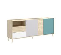 DEKIT GRUPO RIMOBEL NOVA - APARADOR DE 3 PUERTAS Y 3 CAJONES CON ALMACENAJE - 75x180x43 cm - BLANCO / NATURAL / GRIS / ESMERALDA