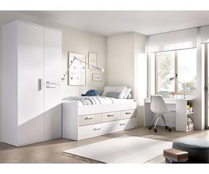 DEKIT GRUPO RIMOBEL PACK LEKA - Conjunto de cama compacta con tres cajones, armario y mesa escritorio - BLANCO / ALISTONADO
