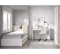 DEKIT GRUPO RIMOBEL TEN PACK - Conjunto de cama con almacenaje en cabezal y dos cajones, mesa escritorio y armario de dos puertas correderas y cuatro cajones - BLANCO / NATURAL