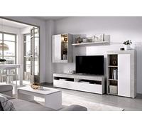 DEKIT Grupo RIMOBEL Tokio - Pack Salón Comedor Completo con Composición TV con LED, Mesa de Centro y Mesa Extensible - Cemento y Blanco