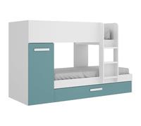 DEKIT GRUPO RIMOBEL TOM - Cama trem con armario y cama arrastre - Blanco/Esmeralda - 150 X 244 X 112
