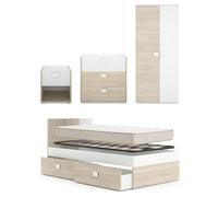 DEKIT - Pack Ahorro Juvenil Cama Dina con cajones, Armario, mesita y cómoda con 1 Colchón viscoelástico Nova 90x190cm y 1 Somier de Lama Ancha