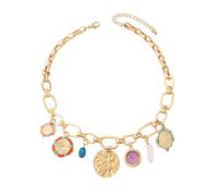 DEKKRYNFV Collar de cadena de clip dorado de moda con diversos dijes como sol, luna y cruces, para una mujer moderna que usa collar de oro