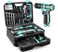 DEKO Caja de Herramientas de 238 Piezas con Taladro Atornillador Inalámbrico 12V, Portabrocas sin Llave de 10 mm, Juego de Herramientas para Hogar y Bricolaje con Maletín de Almacenamiento, Cian
