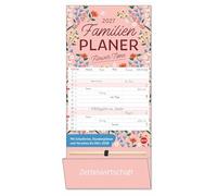 Deko-Familienplaner mit Tasche Flower Time 2027: Familienkalender mit 5 Spalten und Blumen-Motiven. Organisationshilfe mit Stift und Zetteltasche im Format 21 x 45 cm