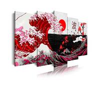 DekoArte 536 - Cuadros Modernos Impresión de Imagen Artística Digitalizada | Lienzo Decorativo Para Tu Salón o Dormitorio | Estilo Abstractos Arte La Gran Ola De Kanagawa Rojo | 5 Piezas 150 x 80 cm