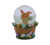 Dekohelden24 Bola de agitación, Bola de Nieve de Pascua con Conejo de Pascua, Conejo de Pascua en Cesta, Bola de Pascua para sacudir, Conejo con Flores de Colores y Cesta como Base, 7 x 7 x 9 cm