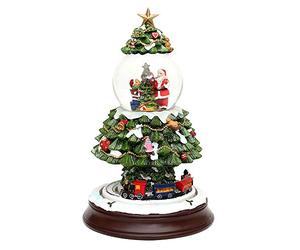 Dekohelden24 Bola de Nieve XXL, árbol de Navidad con Tren y remolinos de Nieve, 17 x 17 x 27,5 cm, Bola de 8,5 cm de diámetro, 500854