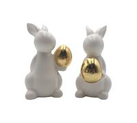 Dekohelden24 Conejo Blanco con Huevo Dorado en Juego de 2 Unidades, cerámica, decoración de Pascua, Conejito de Pascua, tamaño: 6 x 7 x 11 cm, 11 cm