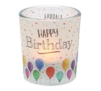 Dekohelden24 Portavelas de Cristal Cinta Transparente, Incluye 1 Vela de té, Alto/diámetro: 6,5 x 6 cm, diseño Birthday, Windlichtglas Happy, 6 cm