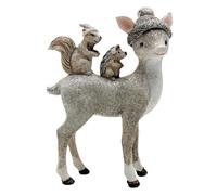 Dekohelden24 Decoración de Ciervo, Reno Decorativo con Gorro, Figura de Ciervo, Figura de Reno, Ciervo con Gorro y Erizo Sentado sobre él y Ardilla de cerámica Brillante en Blanco; 10 x 4 x 15 cm.