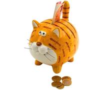 Dekohelden24 Hucha con Forma de Gato, Hucha Infantil, diseño de Gato, Hucha Infantil, diseño de Gato con función de Ahorro de cerámica en Color Ocre, 12 x 14 x 17 cm.