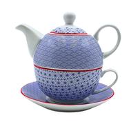 Dekohelden24 Jarra de porcelana, juego Tea for one, jarra para servir té, tetera, juego de té, taza de té con tetera, juego de teteras retro con taza de té de porcelana en azul, 15 x 15 x 16 cm (L/A/H