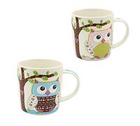 Dekohelden24 Juego de 2 tazas de café de porcelana - Diseño: búhos multicolor en azul - rosa - Tamaño H/Ø: 9,5 x 8,5 cm, capacidad 350 ml, apto para lavavajillas