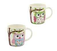 Dekohelden24 Juego de 2 tazas de café de porcelana - Diseño: búhos multicolor en verde - lila - Tamaño H/Ø: 9,5 x 8,5 cm, capacidad 350 ml, apto para lavavajillas