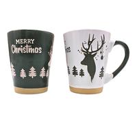 Dekohelden24 Juego de 2, Tazas de café, Vasos de Vino Caliente, Vaso Loza, tamaño (Largo x Ancho x Alto) Aprox. 12 x 8 x 11 cm. Capacidad: 360 ml por Taza, Gres, Alce Verde/Blanco, 11 cm