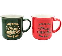 Dekohelden24 Juego de 2 tazas de gres en rojo y verde con texto en inglés «Merry Christmas» (13 x 9 x 9 x 9 cm). Capacidad: 330 ml aprox