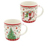 Dekohelden24 Juego de 2 tazas de porcelana de Navidad y calcetines navideños, altura: 9 cm de diámetro, 9,5 cm, capacidad: 340 ml, colorido, calcetines