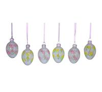 Dekohelden24 Juego de 6 huevos de Pascua, decoración de Pascua, decoración de Pascua, huevos de Pascua para colgar, huevos de arbustos de Pascua de cristal en amarillo y rosa, envío 6 unidades, tamaño