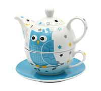 Dekohelden24 Juego de Tetera de Porcelana con búho, Color Blanco y Azul, 3 Piezas, 16 x 14 x 10 cm, Capacidad de Taza de 400-200 ml, 10 cm