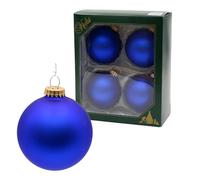 Dekohelden24 Lauschaer - Bolas para árbol de Navidad, Color Azul, Juego de 4 Bolas Lauscha Uni Mate satén Azul Real, 8 cm, con Corona Dorada + 50 Ganchos rápidos en Oro.