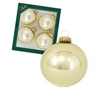 Dekohelden24 Lauschaer - Bolas para árbol de Navidad, color dorado, juego de 4 bolas para árbol de Navidad Lauscha, color dorado satinado, 8 cm, con corona dorada + 50 colgadores rápidos.