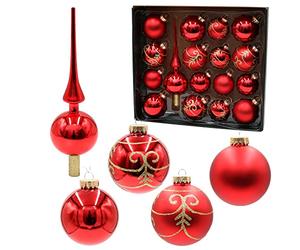 Dekohelden24 Lauschaer - Juego de 16 Bolas para árbol de Navidad, Incluye 1 Punta de árbol de Cristal, Decoradas a Mano, Color Rojo Mate y Brillante, 6,7 y 8 cm, con Corona Dorada.