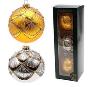 Dekohelden24 Lauschaer - Juego de 3 Bolas de Cristal en Color Dorado y Antracita, sopladas artesanalmente y Decoradas a Mano, con Coronas Doradas, diámetro Aprox. 8 cm