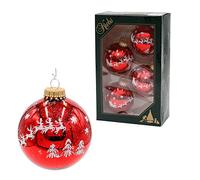 Dekohelden24 Lauschaer Juego de 4 Bolas de Navidad en Rojo Brillante, Decoradas a Mano con Purpurina, decoración de Trineo de Renos, con Corona Dorada, diámetro Aprox. 7 cm