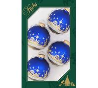 Dekohelden24 Lauschaer - Juego de 4 bolas para árbol de Navidad, color azul satinado con decoración de Belén, 7 cm, con corona dorada