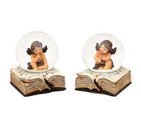 Dekohelden24 Mini Bola de Nieve, 2 ángeles sobre Libro, Dimensiones H/B/Ø Bola: Aprox. 6,5 x 5 cm/Ø 4,5 cm, Resina, Juego de 2 Unidades