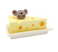 Dekohelden24 Recipiente para queso de cerámica con ratón, tamaño (largo x ancho x alto): 17 x 11,5 x 9 cm, color amarillo