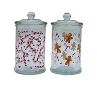 Dekohelden24 Tarro aromático, recipiente de cristal con diseño de Navidad, tarro de galletas con diseño de pan de jengibre y bastones de caramelo, altura de 15 x 8 cm, capacidad de 300 ml por vaso,